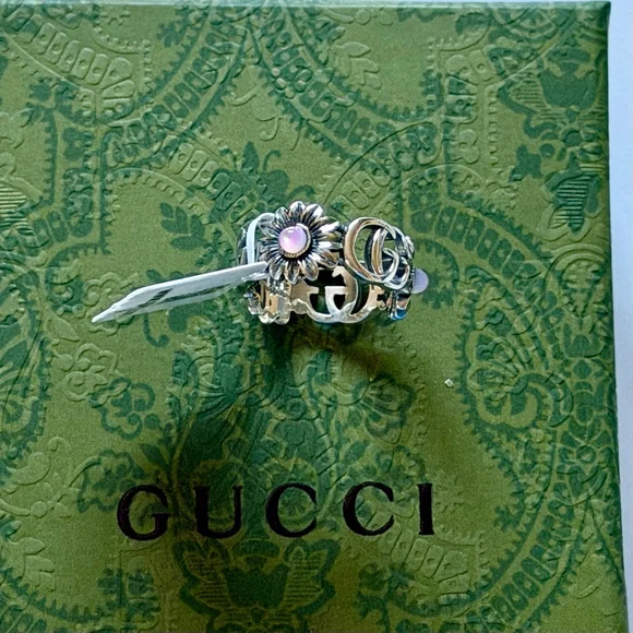 Gucci Silver Ring with Pink Stones G Logo Size 6
